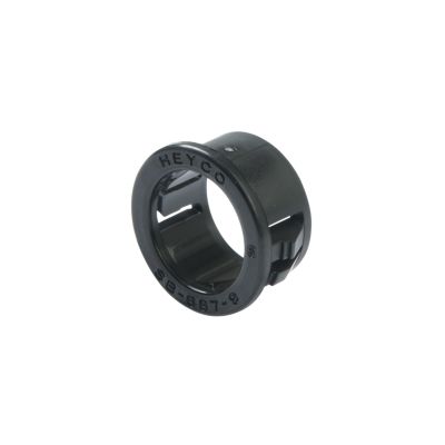 Heyco nylon grommet, black snap bushing for cable protection and insulation.