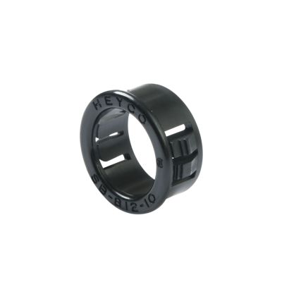 Black nylon grommet, Heyco 2103, featuring a snap bushing design for mounting holes.
