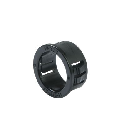 Black Heyco 2126 nylon grommet snap bushing for mounting, featuring slotted design and durable construction.