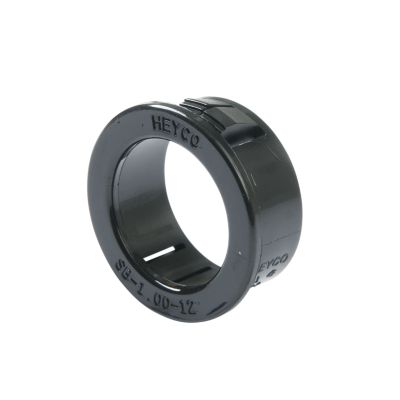 Heyco 2140 nylon grommet snap bushing, ideal for securing cables in mounting holes, black and durable design.