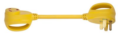 Yellow dogbone power adapter with a 50A male to 30A female connection, featuring easy-grip handles at both ends.