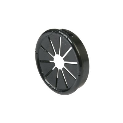 Thin panel nylon grommet bushing with a hole in the center, ideal for wire protection and panel installation.