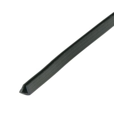 Black serrated flexible grommeting with adhesive, shown in a coiled roll for panel protection and professional installation.