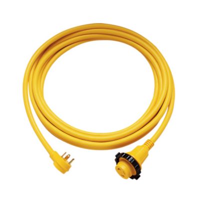 Yellow RV & marine power cord with three-prong plug and secure connector for reliable electrical connections.
