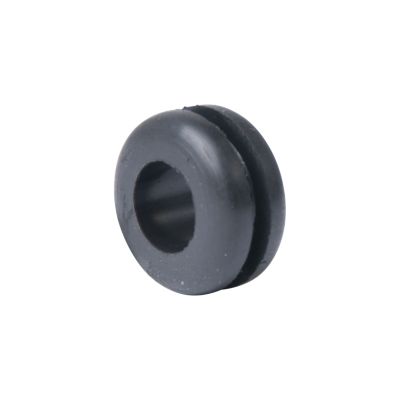 Black rubber grommet with a round shape and a central hole, ideal for wiring protection and sealing applications.