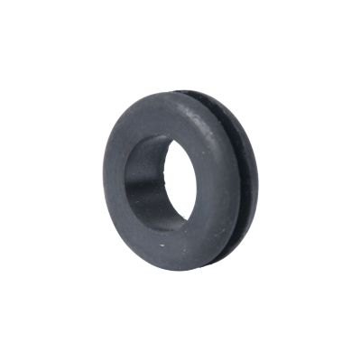 Black rubber grommet with a central hole and groove, used for protection and insulation in various applications.