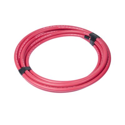 Coiled red welding cable with clear insulation and black ties, ideal for electrical connections and industrial use.