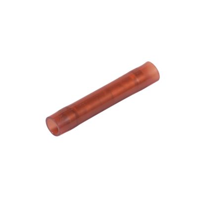 Red nylon and brass sleeve butt connector, suitable for 22-18 gauge wiring, shown on a white background.