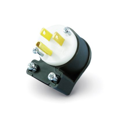 Right angle plug for Marinco 15A power cable with robust design and yellow prongs.