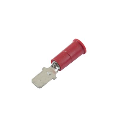 Red vinyl push-on terminal with funnel entry, female connector, suitable for 22-18 gauge wires.