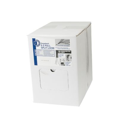 Split Loom Dispenser Box for organizing and protecting wires, cables, and hoses, featuring easy-pull design and durable packaging.