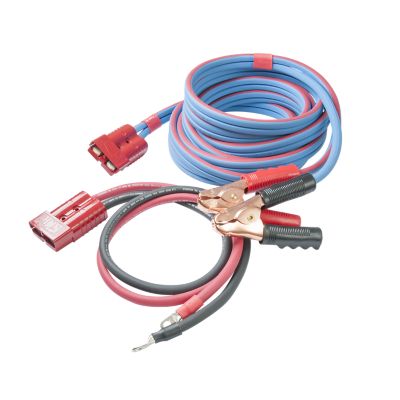 Extreme temperature booster cables with harness to clamp, featuring red and blue insulated wires and copper clamps.