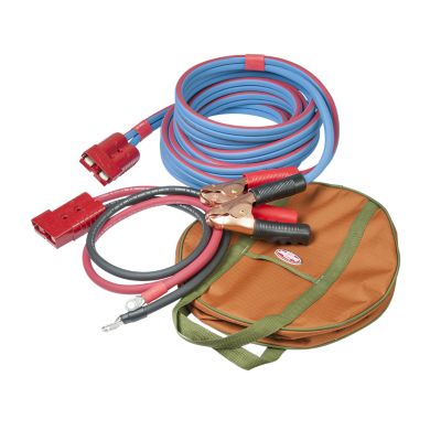 Extreme temperature booster cable with harness to clamp, featuring red and blue wires, and a durable storage bag.