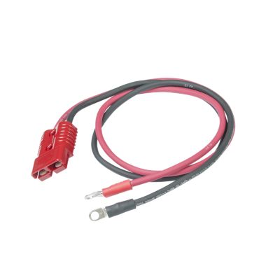 Red and black extreme temperature booster cables with harness end connectors.