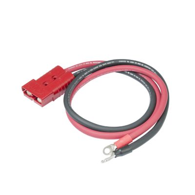 Red and black booster cable harness end with connector and lug, designed for high amperage power transfer.