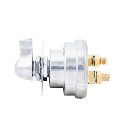 Master Battery Cutoff Switch - SPST shown with metallic finish and connected terminals, ideal for vehicle power control.