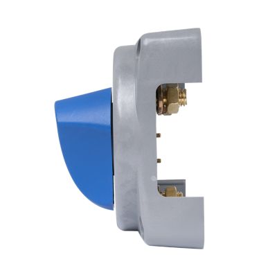 Heavy-duty battery switch with on-off functionality, featuring a robust gray and blue design ideal for high power use.