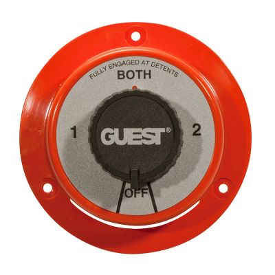 Red Guest 2100 battery switch with black dial, featuring options for 1, BOTH, 2, and OFF settings. Ideal for marine use.