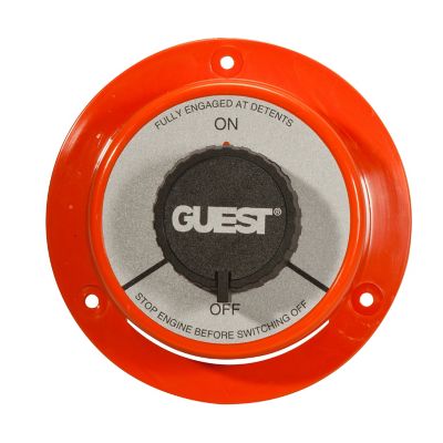 Red battery switch with black knob, featuring on-off settings for electrical management. Ideal for marine and automotive use.