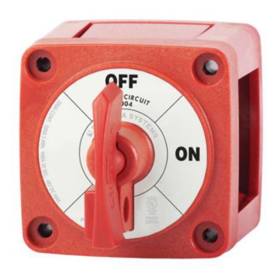 Red Blue Sea Systems switch with locking key, featuring ON-OFF labels for single circuit control, robust design, 300 Amp capacity.