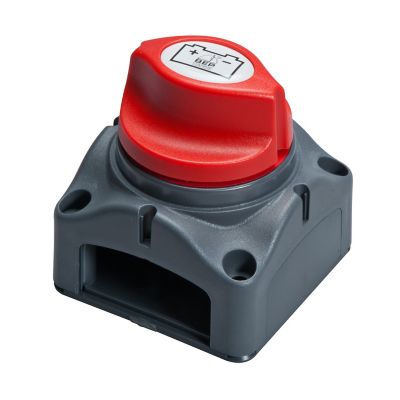 Red BEP 701 battery switch with on-off function, featuring a durable sturdy casing and easy-to-use knob.
