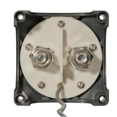 Electric battery disconnect switch with two metal connectors and a white casing, designed for power management safety.
