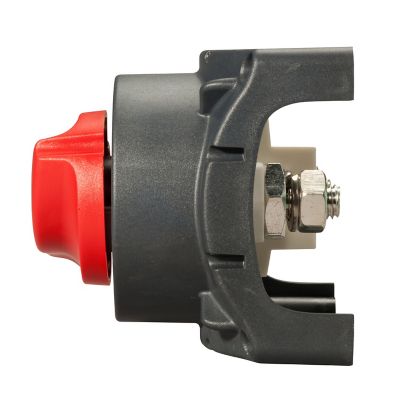 Battery Disconnect Switch with red dial, sturdy black casing, and visible terminal connectors for secure electric disconnection.