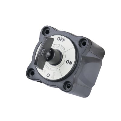 Black Blue Sea Systems M-Series single circuit ON-OFF battery switch with key, featuring a durable casing and clear markings.