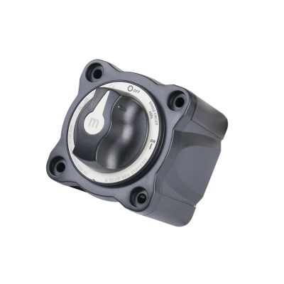 Black Blue Sea Systems battery switch with removable knob, showcasing on-off positions, designed for single circuit use.