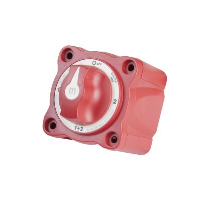 Red 4-position battery switch with removable knob, showcasing M-Series design by Blue Sea Systems.