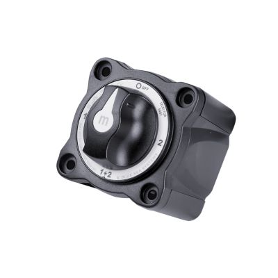 Black M-Series battery switch with removable knob, featuring four selectable positions for versatile power management.