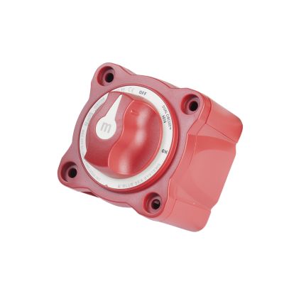 Red M-Series battery switch by Blue Sea Systems with removable knob and dual circuit capability.