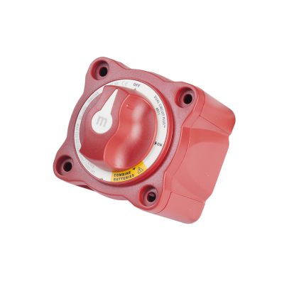 Red dual circuit battery switch with removable knob, featuring a sturdy design and user-friendly interface, ideal for marine use.