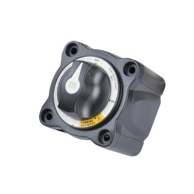 Black Blue Sea Systems battery switch with a removable knob, featuring dual circuit options for reliable power management.