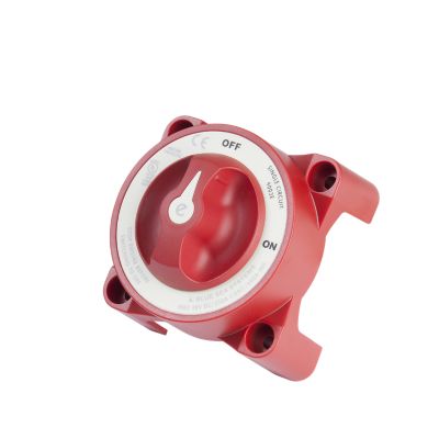 Red e-Series battery switch by Blue Sea Systems, with ON-OFF labels, showcasing sturdy design and functionality.