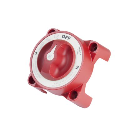 Red 3-position battery switch by Blue Sea Systems, featuring alternator field disconnect for efficient power management.