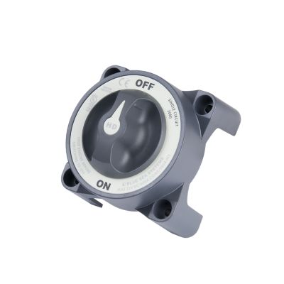 Black Blue Sea Systems battery switch, HD-Series, featuring an ON-OFF dial and single circuit design.