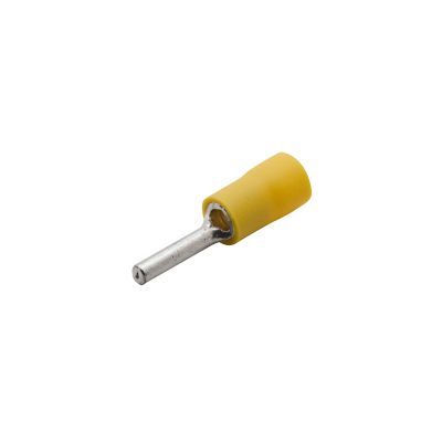 Yellow vinyl pin terminal with funnel entry design for electrical connections. Ideal for efficient wire insertion.