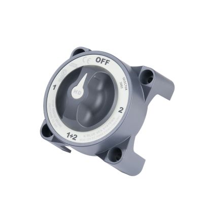 Black 4-position battery switch by Blue Sea Systems with selector dial and durable HD-series design.
