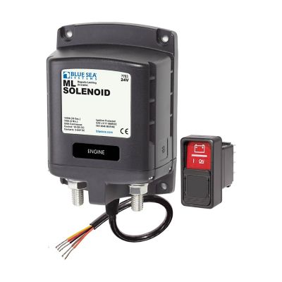Blue Sea Systems 7703-BSS ML-Series Solenoid, features wiring and components, ideal for 24V electrical applications.