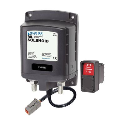 Blue Sea Systems ML-Series Solenoid parts, including connectors, screws, washers, and mounting plates on a white background.