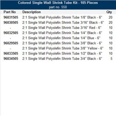 Colored heat shrink tube kit with 105 pieces, featuring various black, red, and yellow sizes, detailed in a chart format.