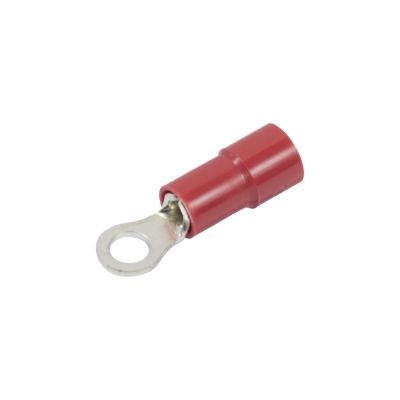 Red vinyl ring terminal with funnel entry and metal loop for electrical connections.