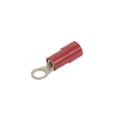 Red vinyl ring terminal with funnel entry for 6 stud, suited for 22-18 gauge wires, isolated on white background.