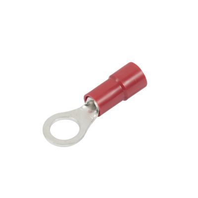 Red vinyl ring terminal with funnel entry, ideal for secure electrical connections, featuring a durable design for 10 stud wires.