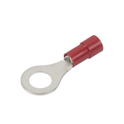Red vinyl ring terminal with funnel entry for electrical connections. Suitable for 22-18 gauge wires.