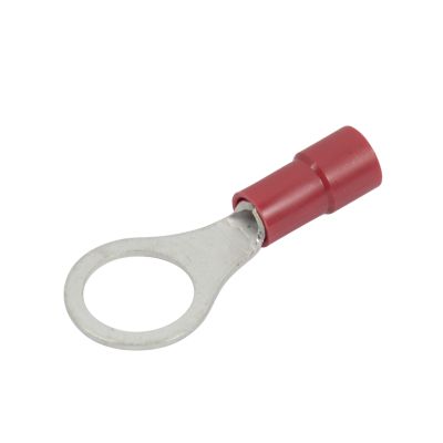 Red vinyl ring terminal with funnel entry and metal loop for secure electrical connections.