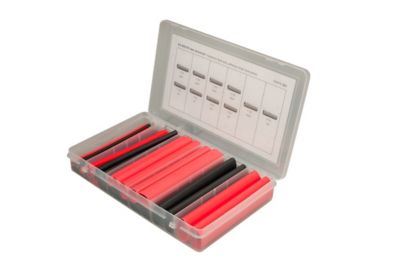 NSPA Dual Wall 3:1 Heat Shrink Kit featuring assorted red and black tubing pieces in an organized plastic case.