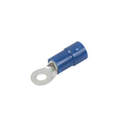 Blue vinyl ring terminal with funnel entry and a hole for 4 stud connection, suitable for electrical wiring applications.