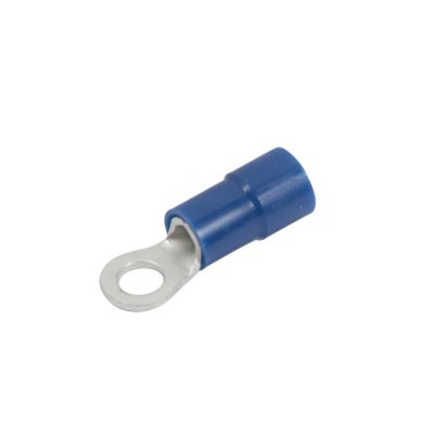 Blue vinyl ring terminal with funnel entry and metal loop for 6 stud wiring applications.